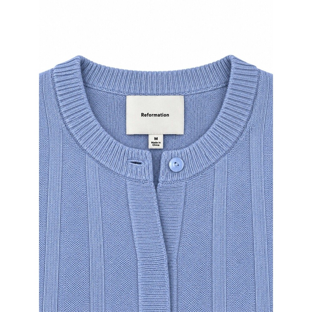 Reformation Blue 100% Merino Wool Ribbed Crewneck Cardigan Sweater M - Picture 2 of 6